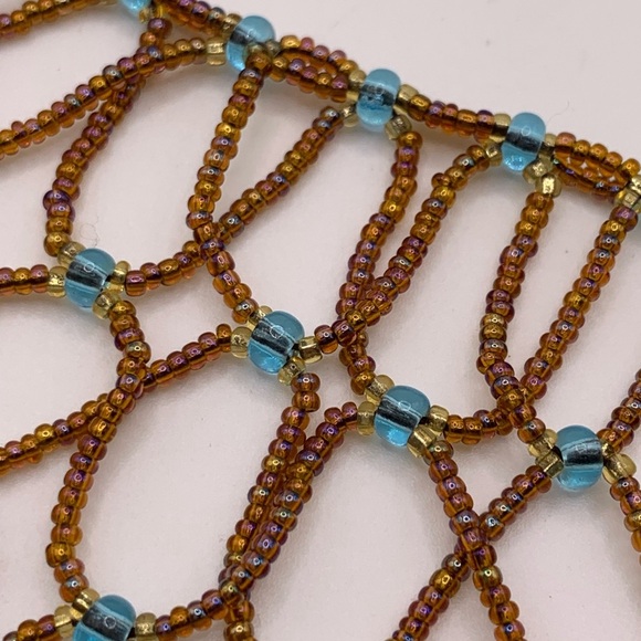 Gorgeous handmade brown seed beads & blue topaz beads woven bib necklace - Picture 6 of 7